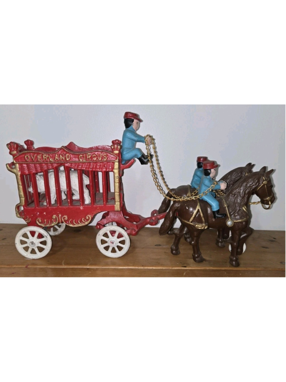 Vintage Cast Iron Overland Circus Wagon 2 Horses 3 Men Polar Bear Pull Toy 16"